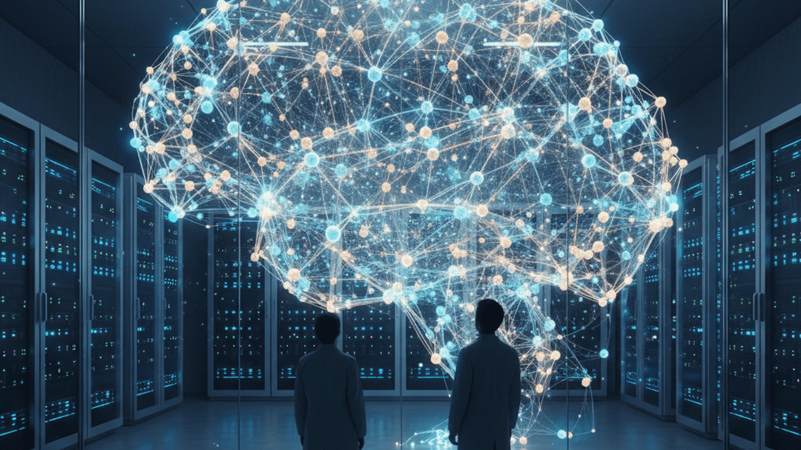 A complex 3D visualization of a neural network with glowing nodes and connections in a modern data center.