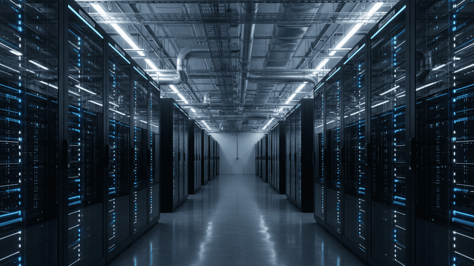 A vast hall filled with rows of high-tech supercomputer racks glowing with blue lights.