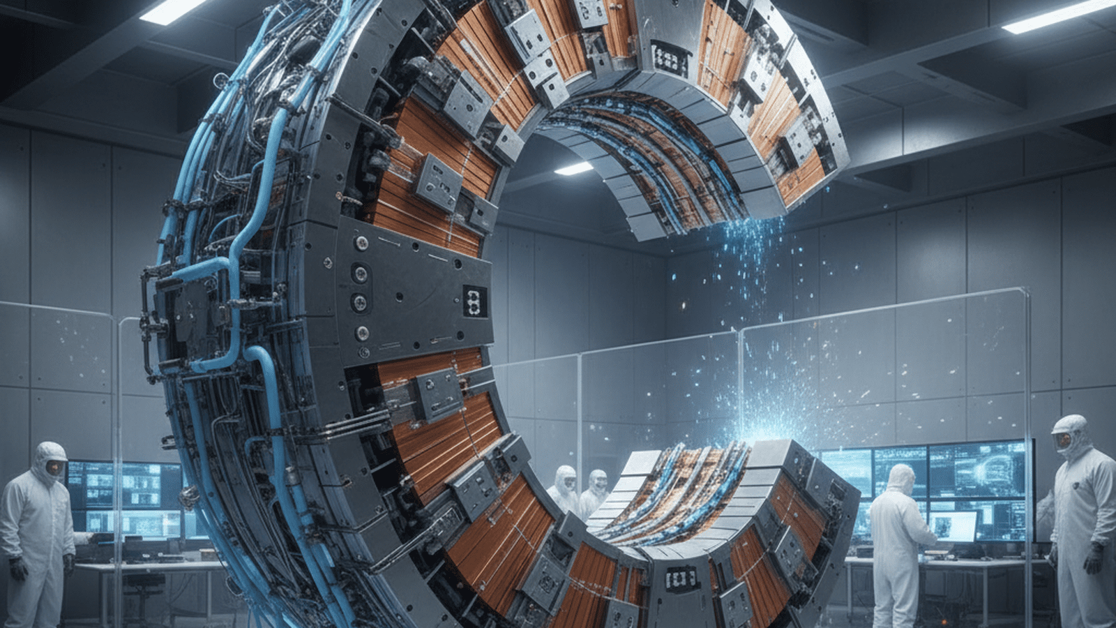 A massive D-shaped high-temperature superconducting magnet being tested in a specialized fusion research facility.