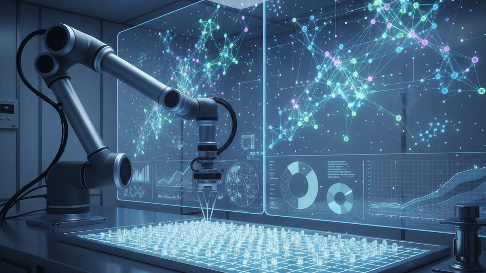 A robotic arm in a laboratory works on synthesizing new materials while digital displays show complex crystal structures.