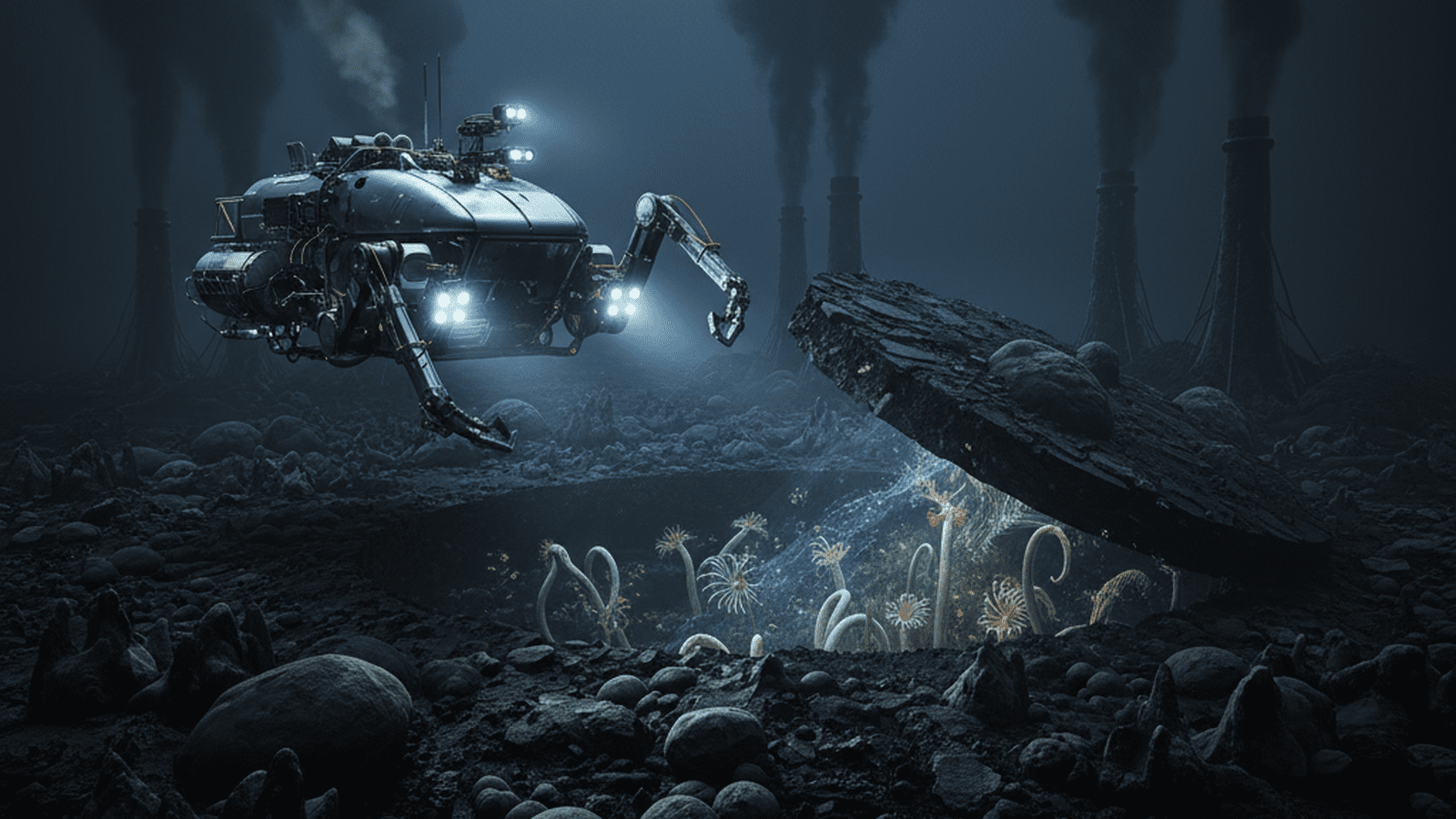 A robotic submersible explores a hydrothermal vent field on the dark ocean floor, revealing life beneath the crust.