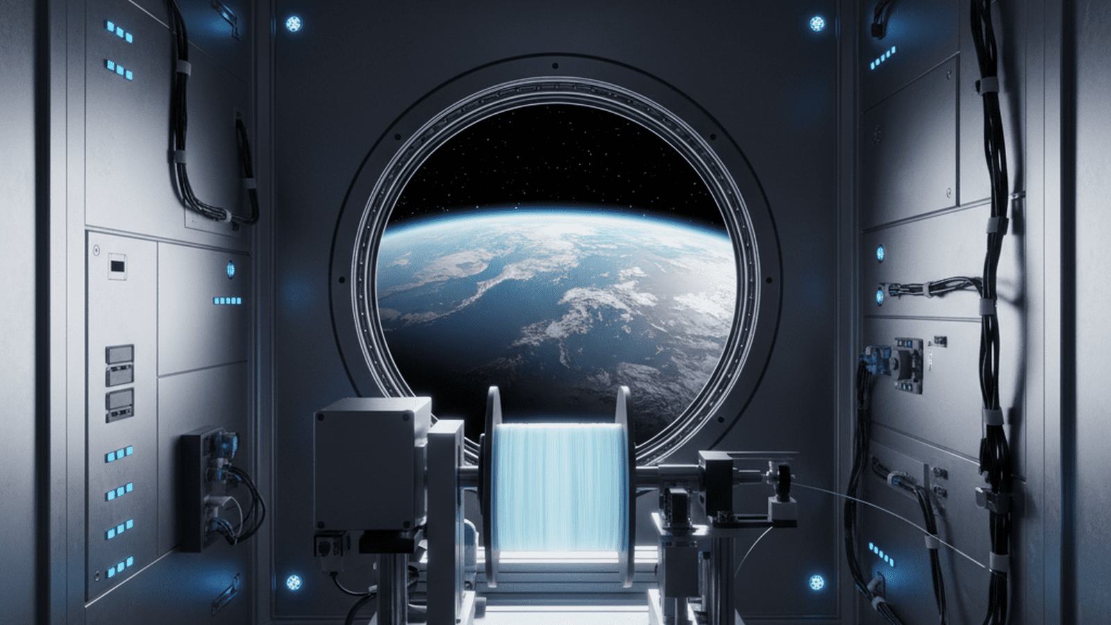 An automated manufacturing device inside a space station module producing a spool of translucent optical fiber.