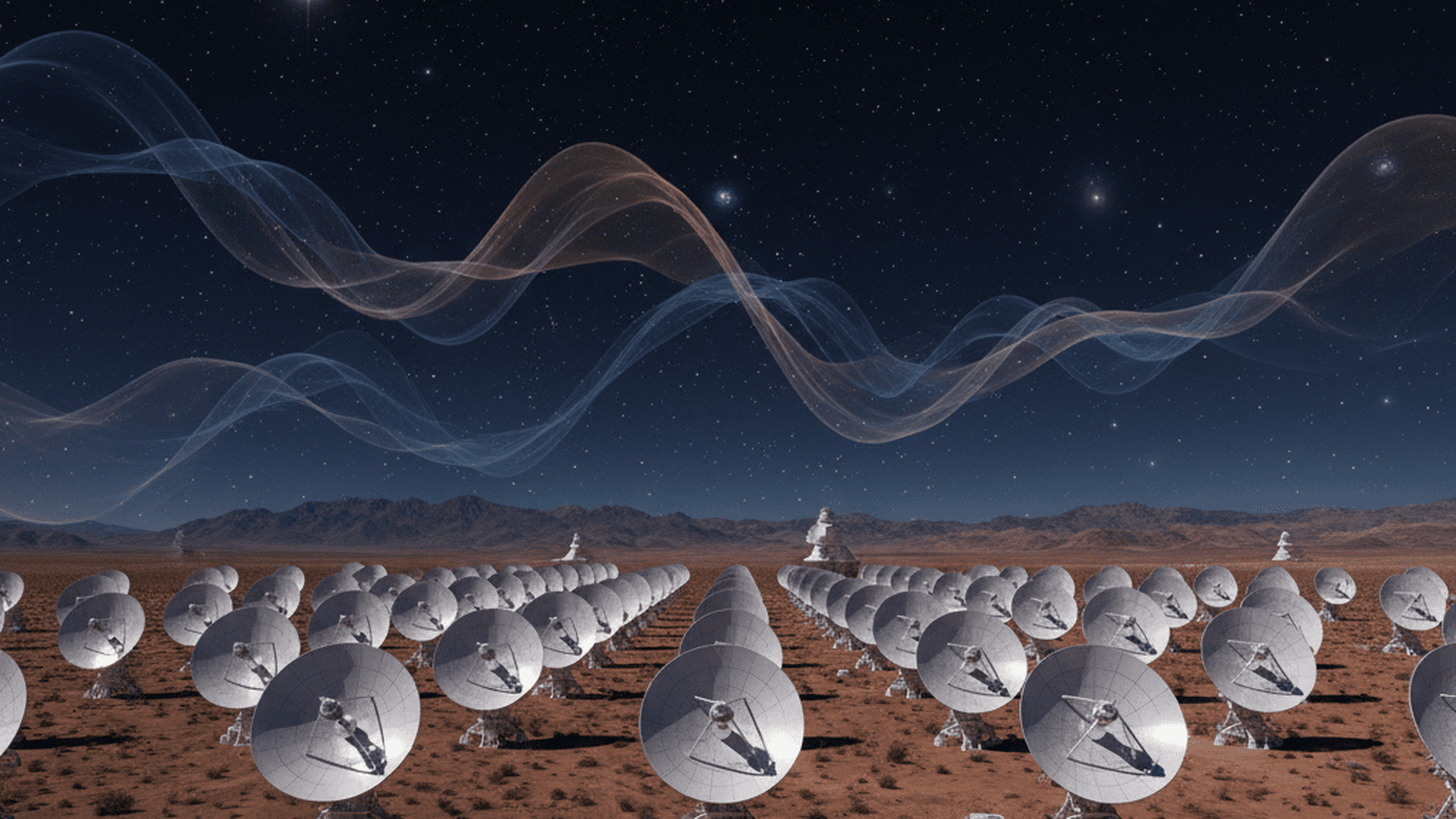A radio telescope array under a starry sky with stylized ripples representing gravitational waves.