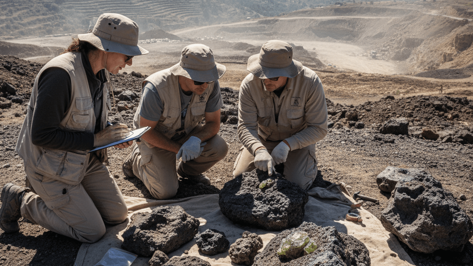 A wide-angle view of a geological excavation site in a Mediterranean valley with researchers examining dark mineral samples.