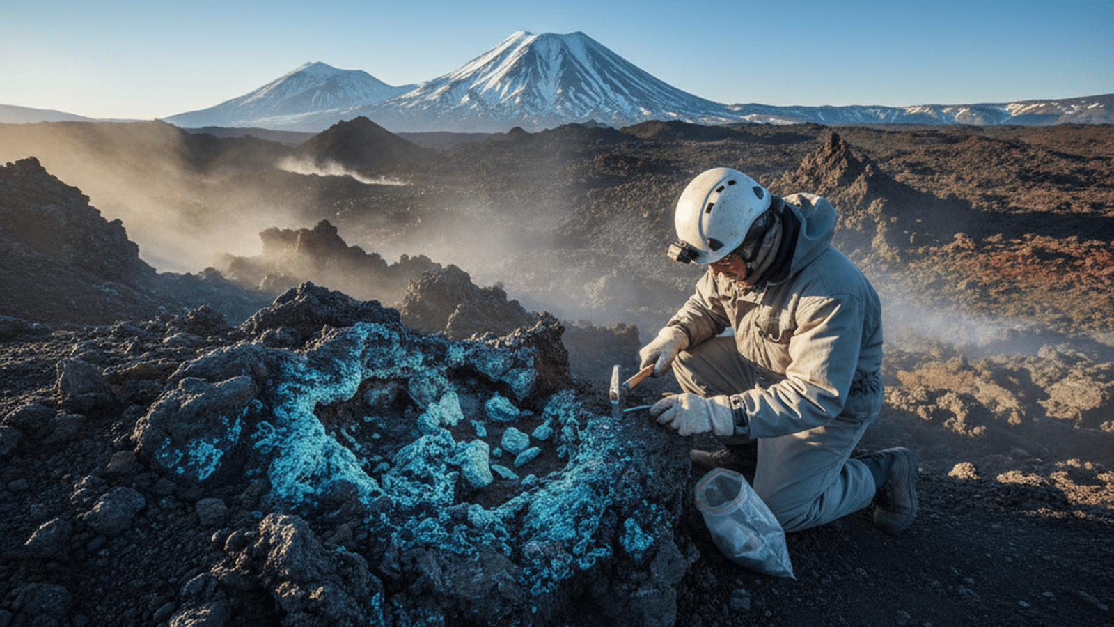 A geologist collects blue-green mineral samples from a volcanic rock face in the Kamchatka Peninsula.