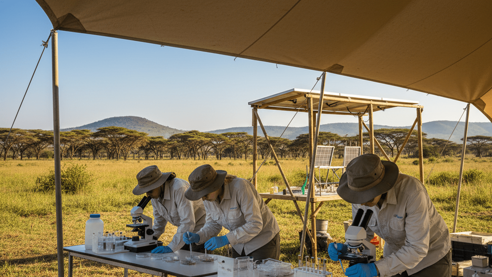 Scientists work at a field laboratory in Kenya, examining mosquito samples to study malaria-blocking bacteria.