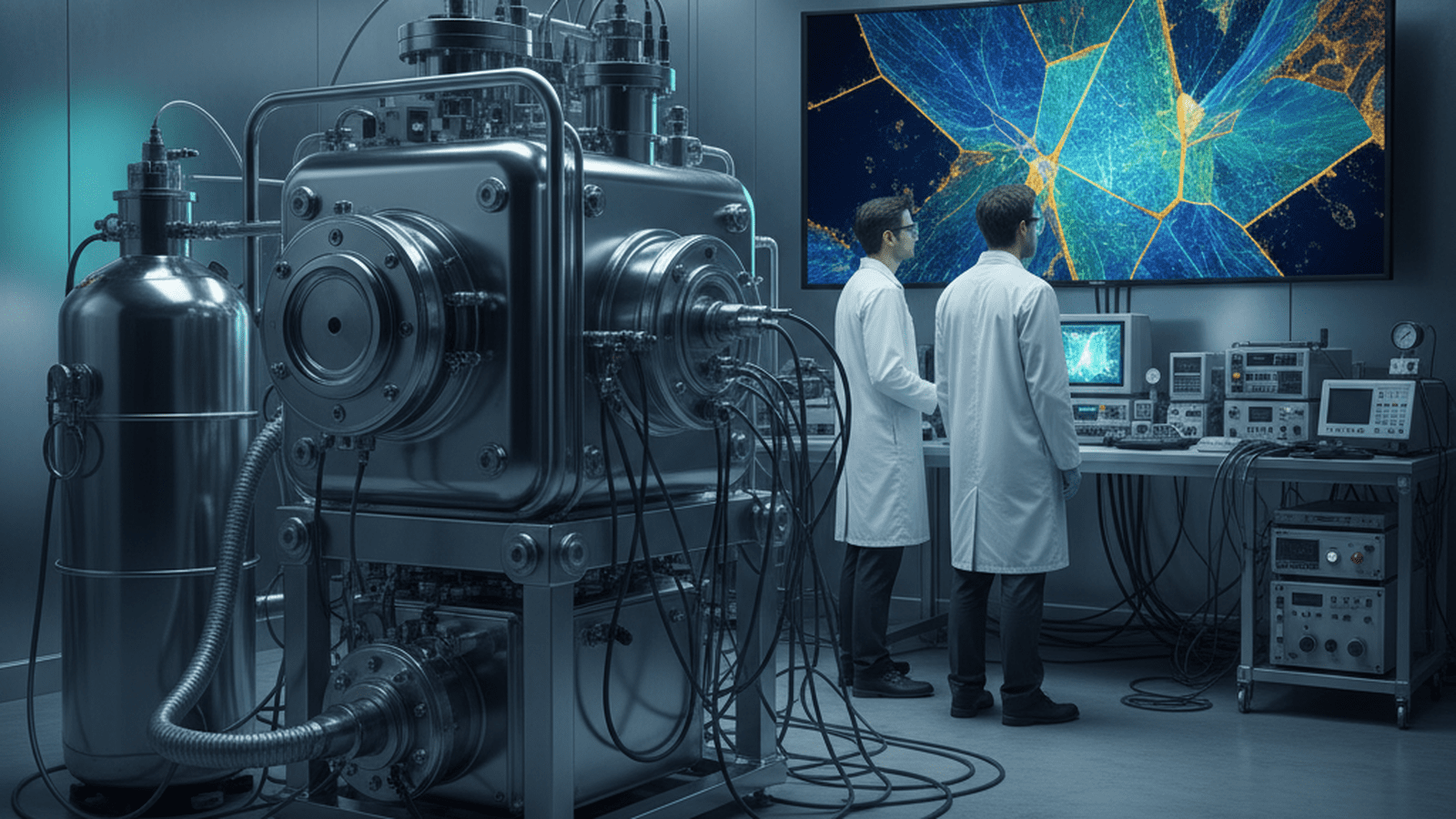A laboratory setup for testing metallic alloys at cryogenic temperatures with electron microscopy data visible on a screen.