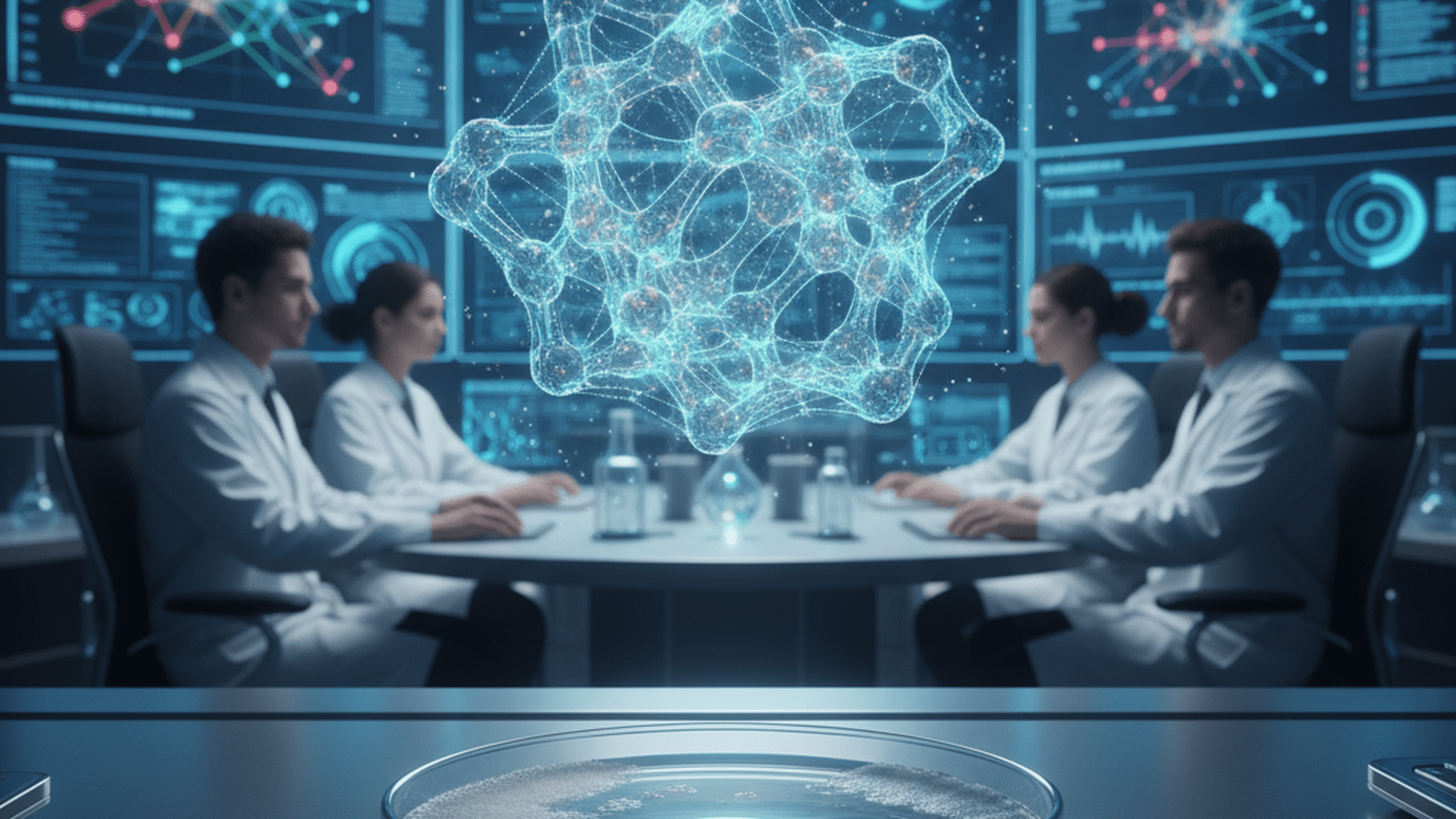 A holographic molecular structure floats in a modern laboratory where scientists use AI to discover new antibiotics.