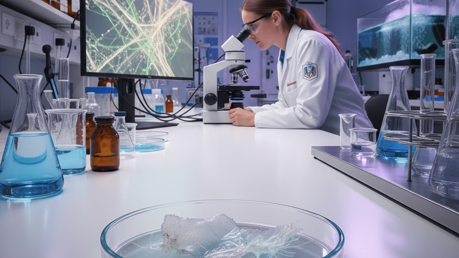 A laboratory setting showing a petri dish with plastic debris and a researcher working with a microscope.