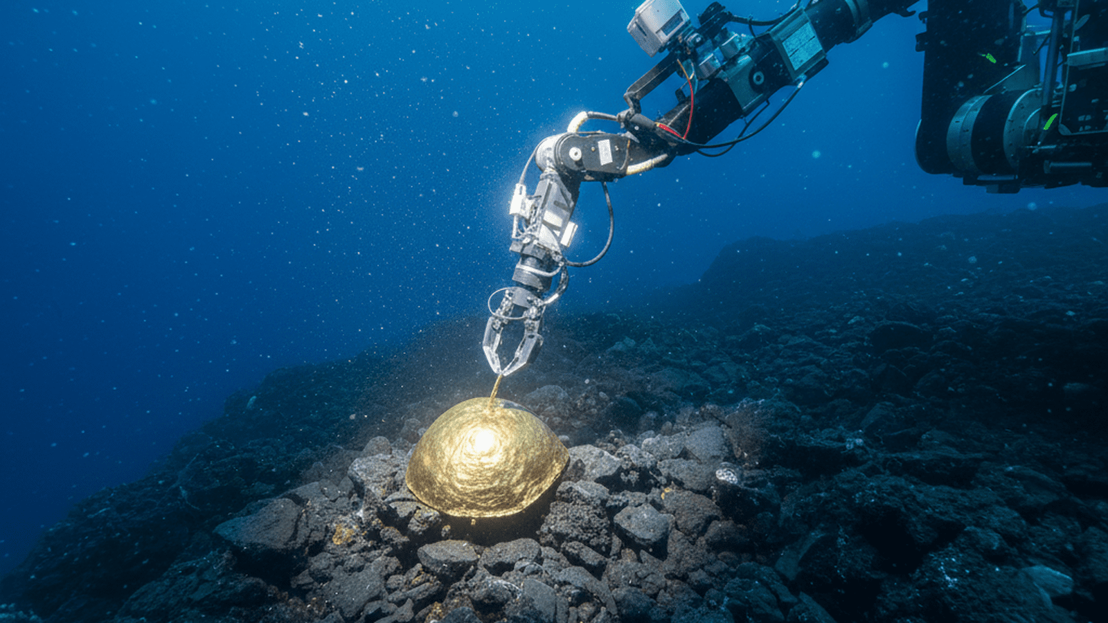 A golden, dome-shaped biological object sits on a dark rocky seafloor, illuminated by the lights of a deep-sea submersible.