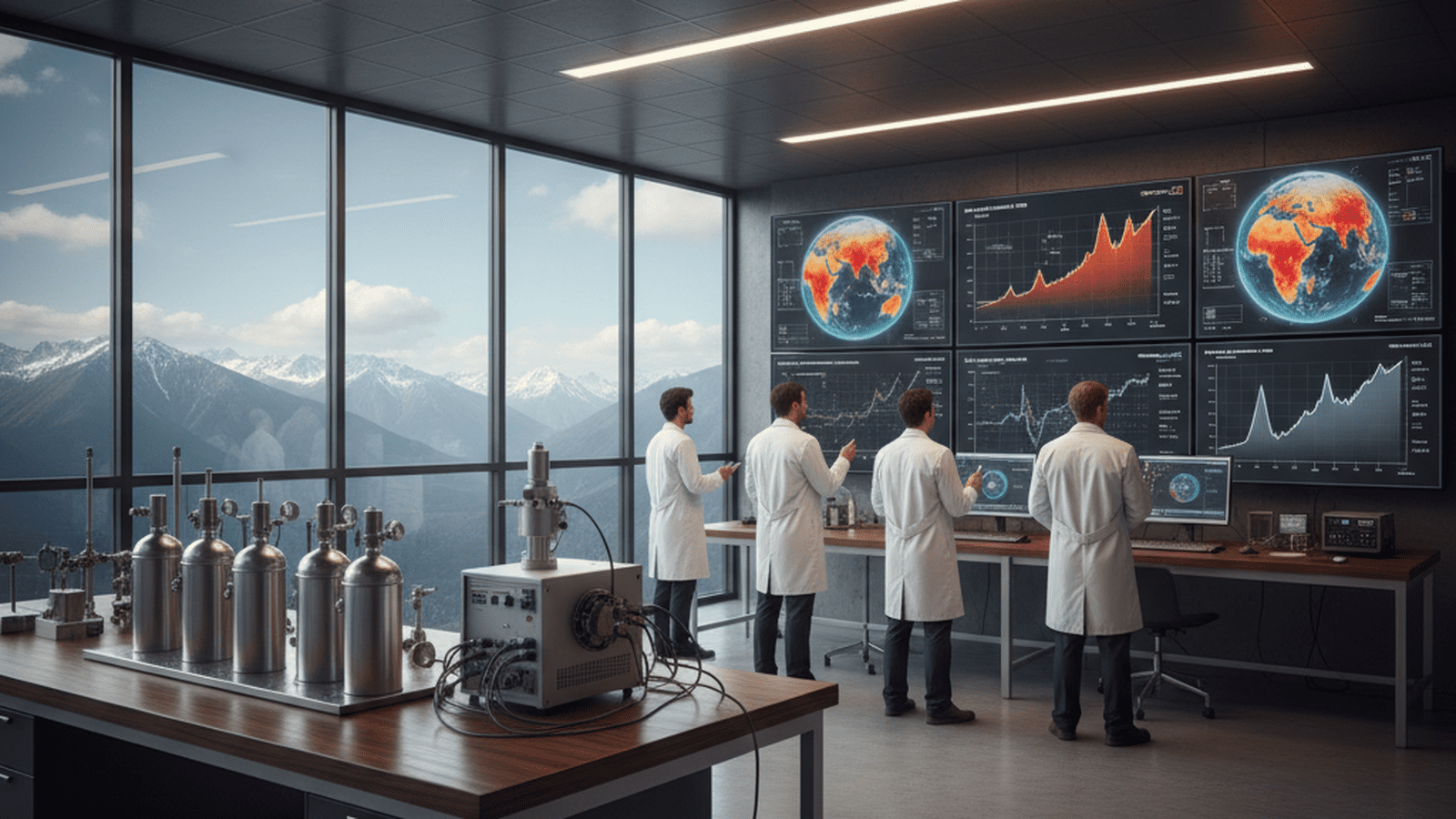 Scientists in a modern laboratory analyze atmospheric data and air samples to track greenhouse gas concentrations.