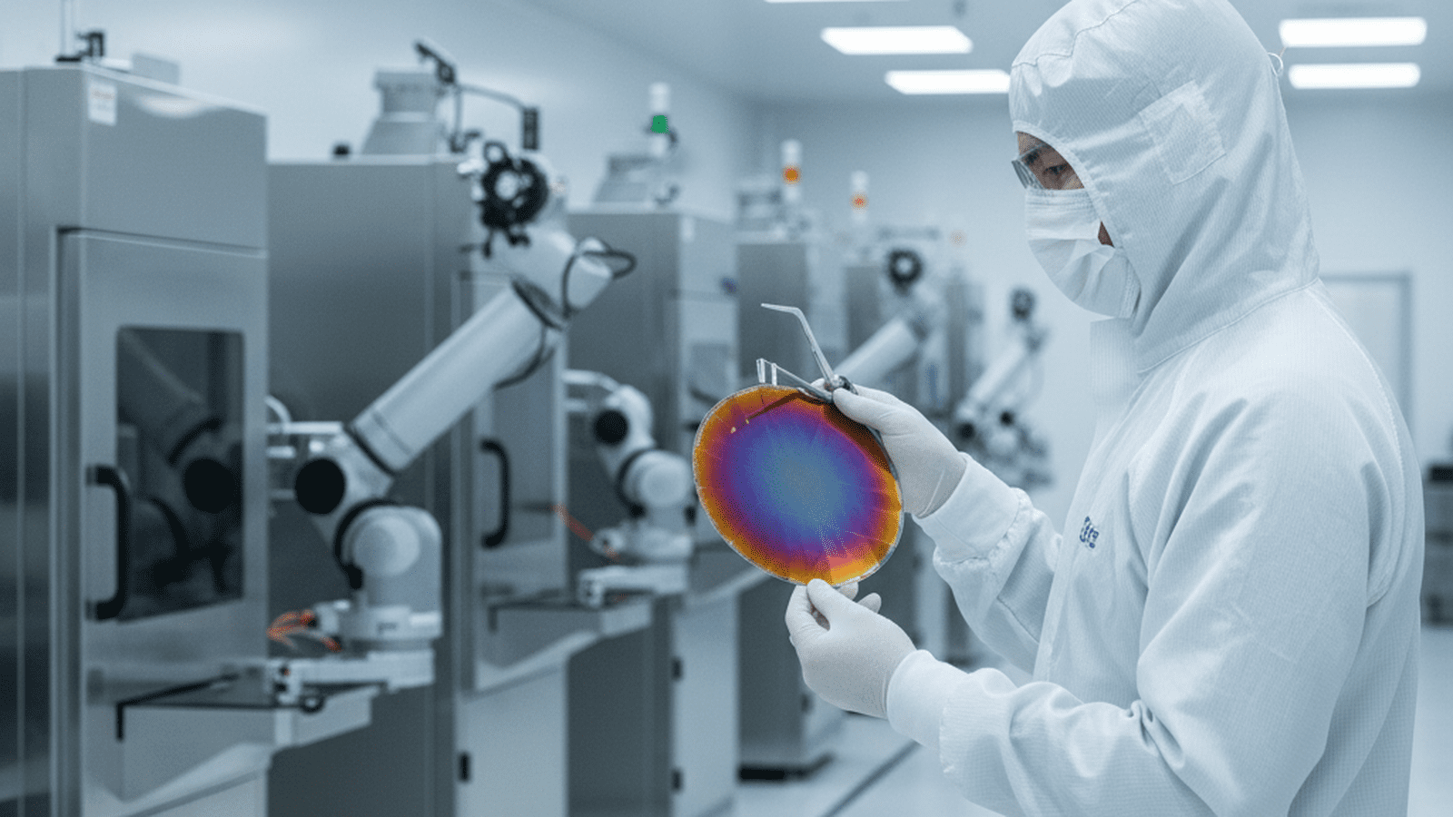 A technician in a cleanroom holds a multi-colored, iridescent solar wafer that uses perovskite-silicon tandem technology.