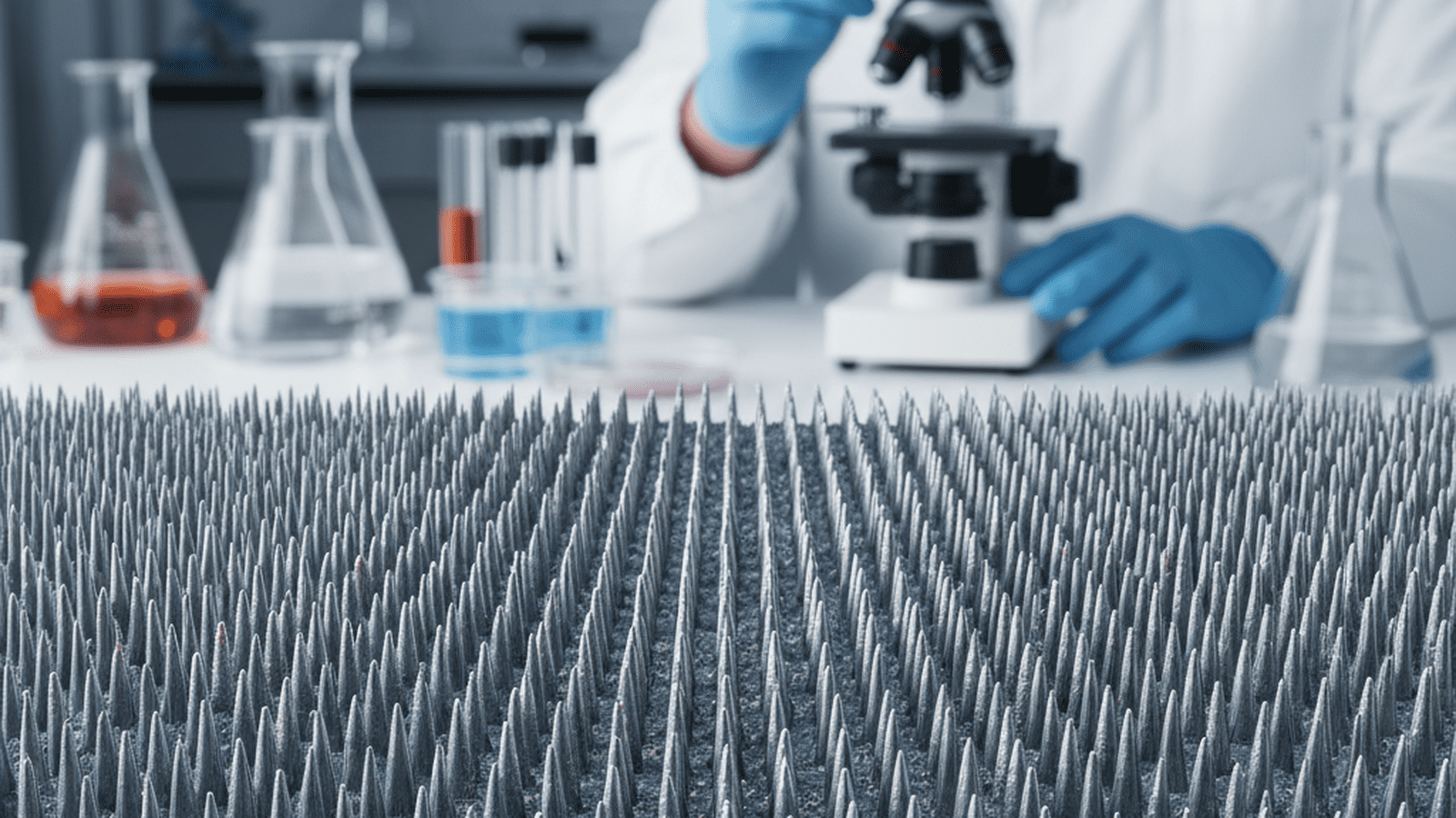 A microscopic view of a titanium surface covered in sharp nanopillars designed to kill bacteria.