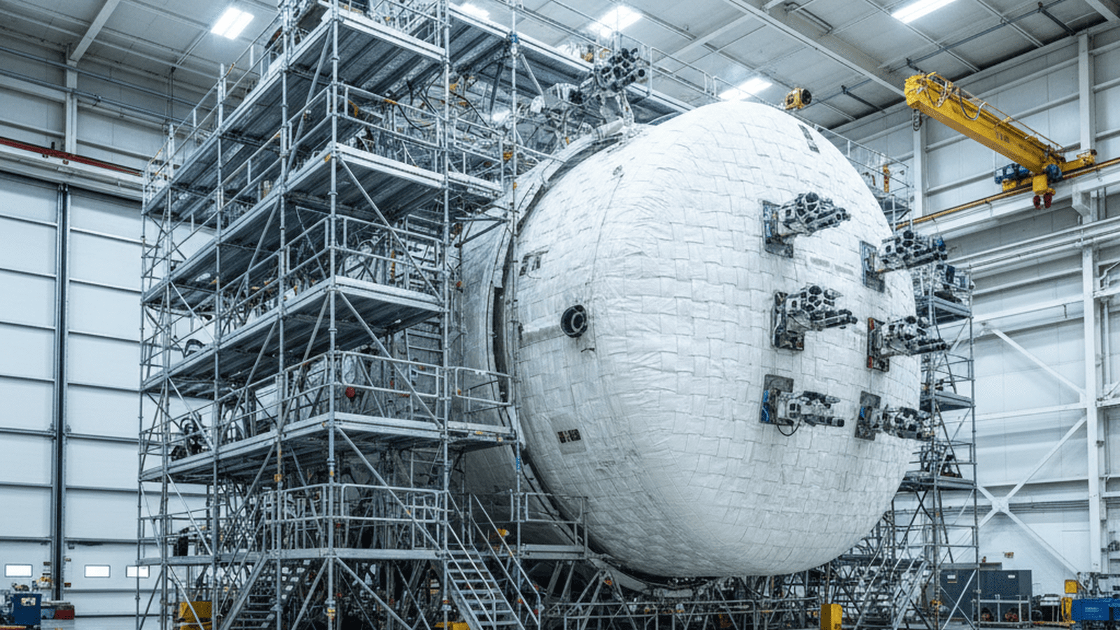 A large white inflatable space habitat module undergoes pressure testing in a specialized industrial facility.
