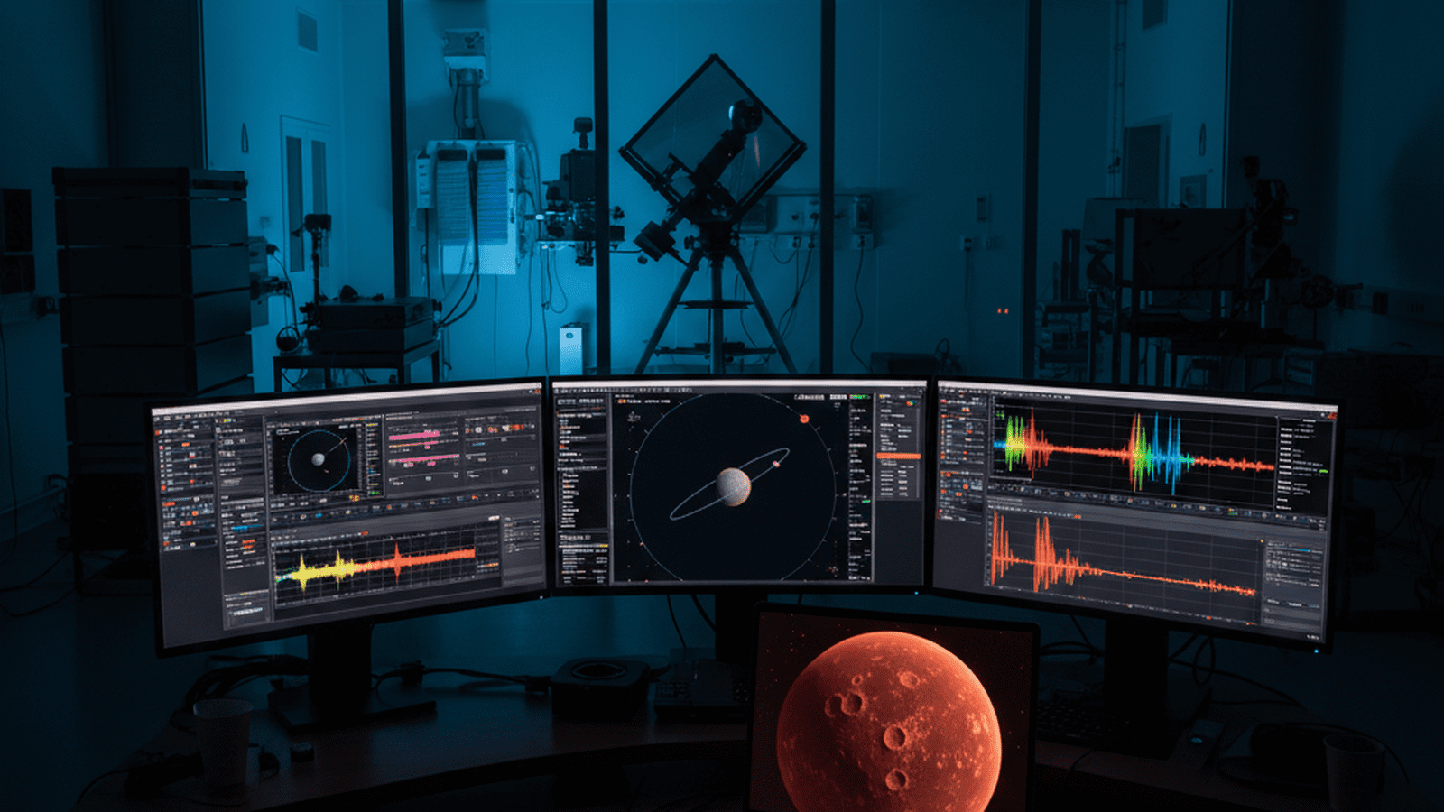 A digital rendering of a rocky exoplanet orbiting a small red dwarf star displayed on a computer monitor in a dark laboratory.