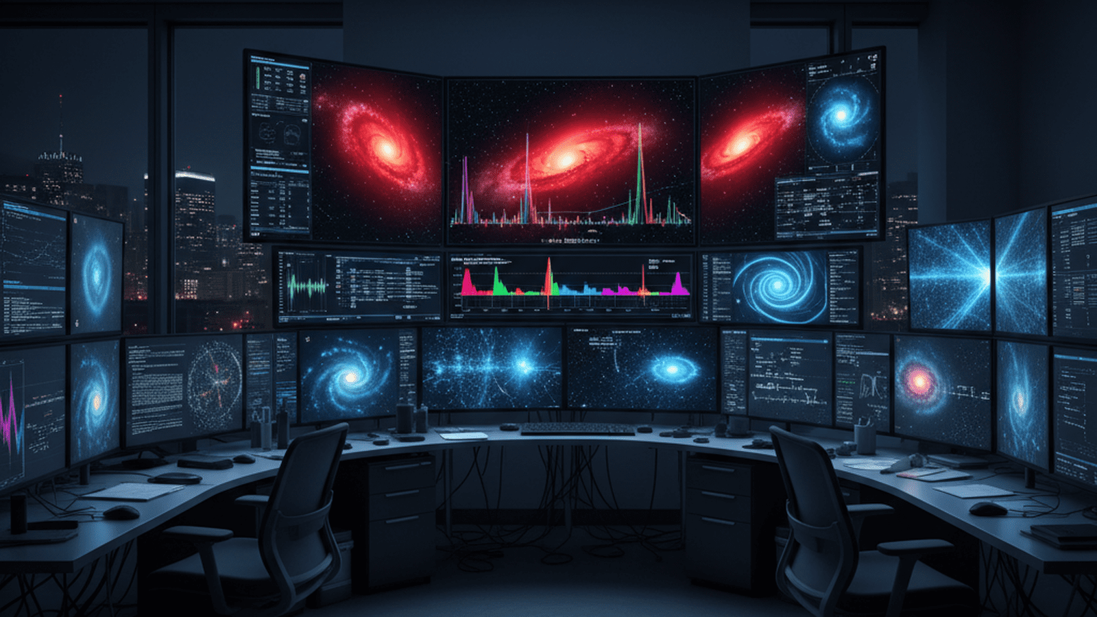 A university laboratory setting showing computer screens with astronomical data and images of distant galaxies.