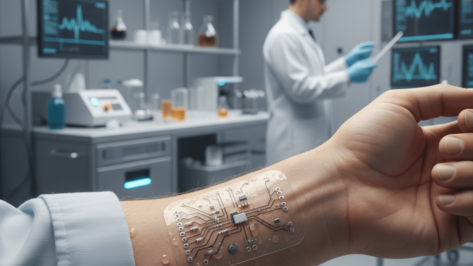 A flexible electronic patch with printed circuits is shown on a human arm in a laboratory setting.