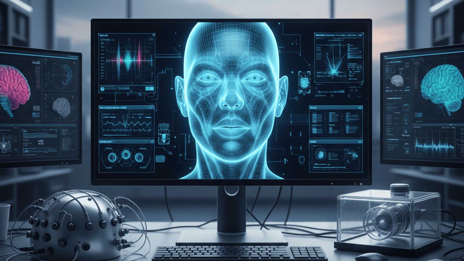 A digital avatar on a computer screen in a neuroscience laboratory.