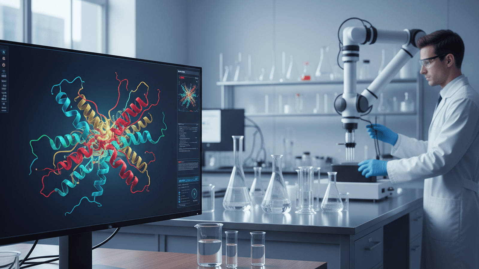 A high-resolution 3D model of a synthetic protein is displayed on a computer screen in a state-of-the-art university research laboratory.