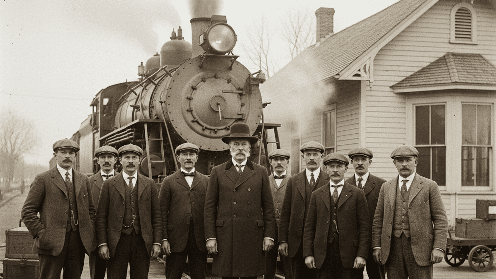 Governor Braxton Bragg Comer stands on a wooden train platform in 1907 Alabama next to a steam locomotive.