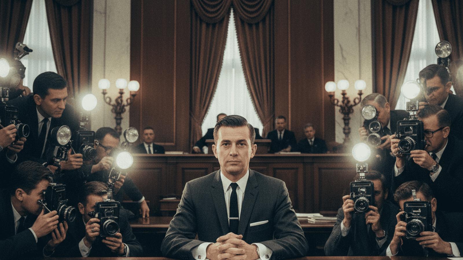 A man in a 1960s suit sits at a witness table in a wood-paneled Senate hearing room during a 1963 corruption investigation.