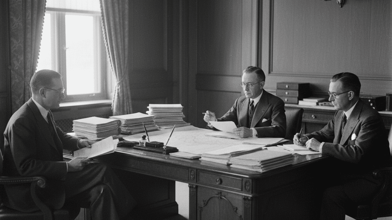 Three men in 1930s business attire discuss administrative reports in a formal Washington office.