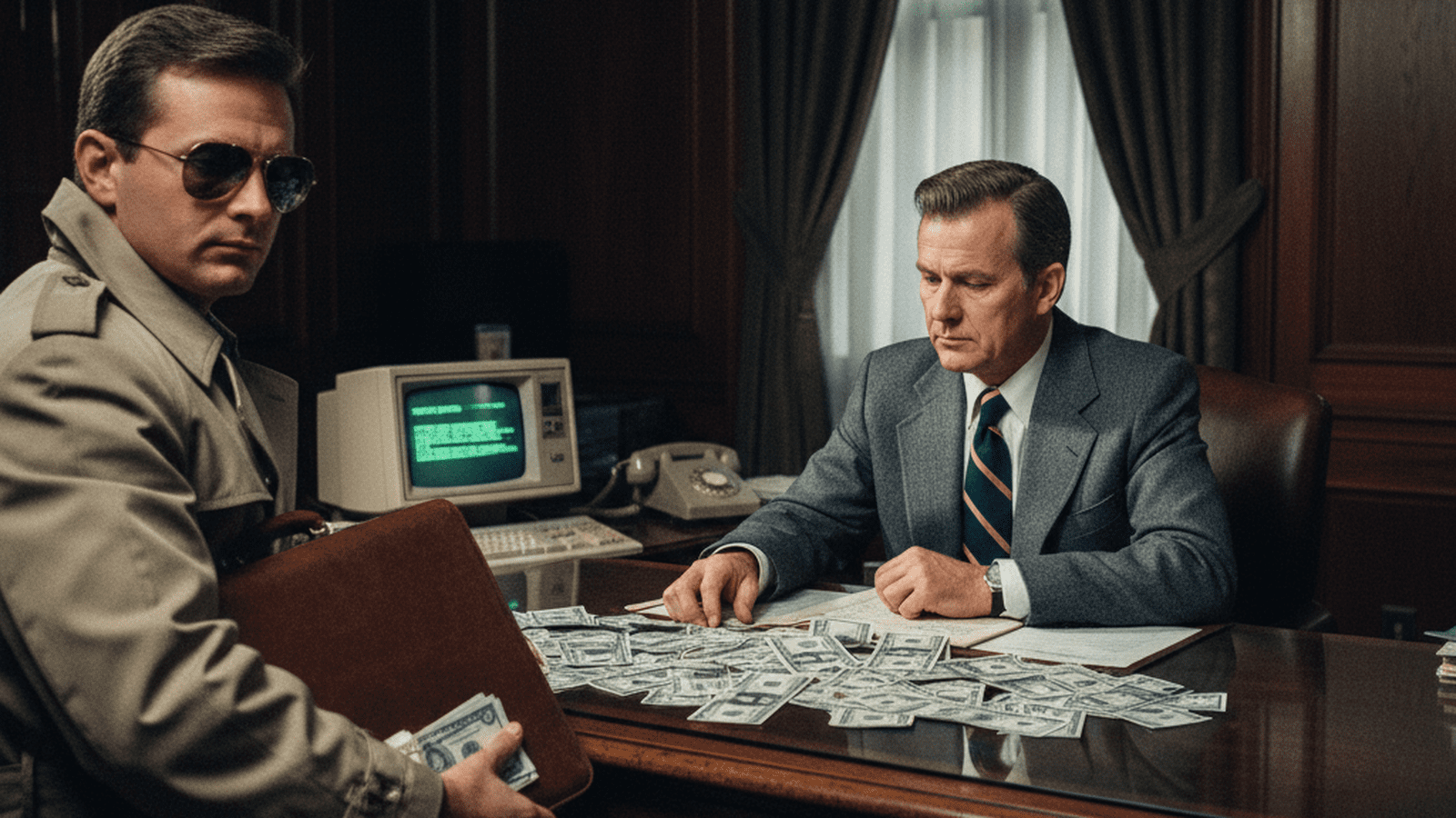 A 1980s office scene depicting a clandestine meeting between a legislator and an undercover agent during the BRISPEC investigation.