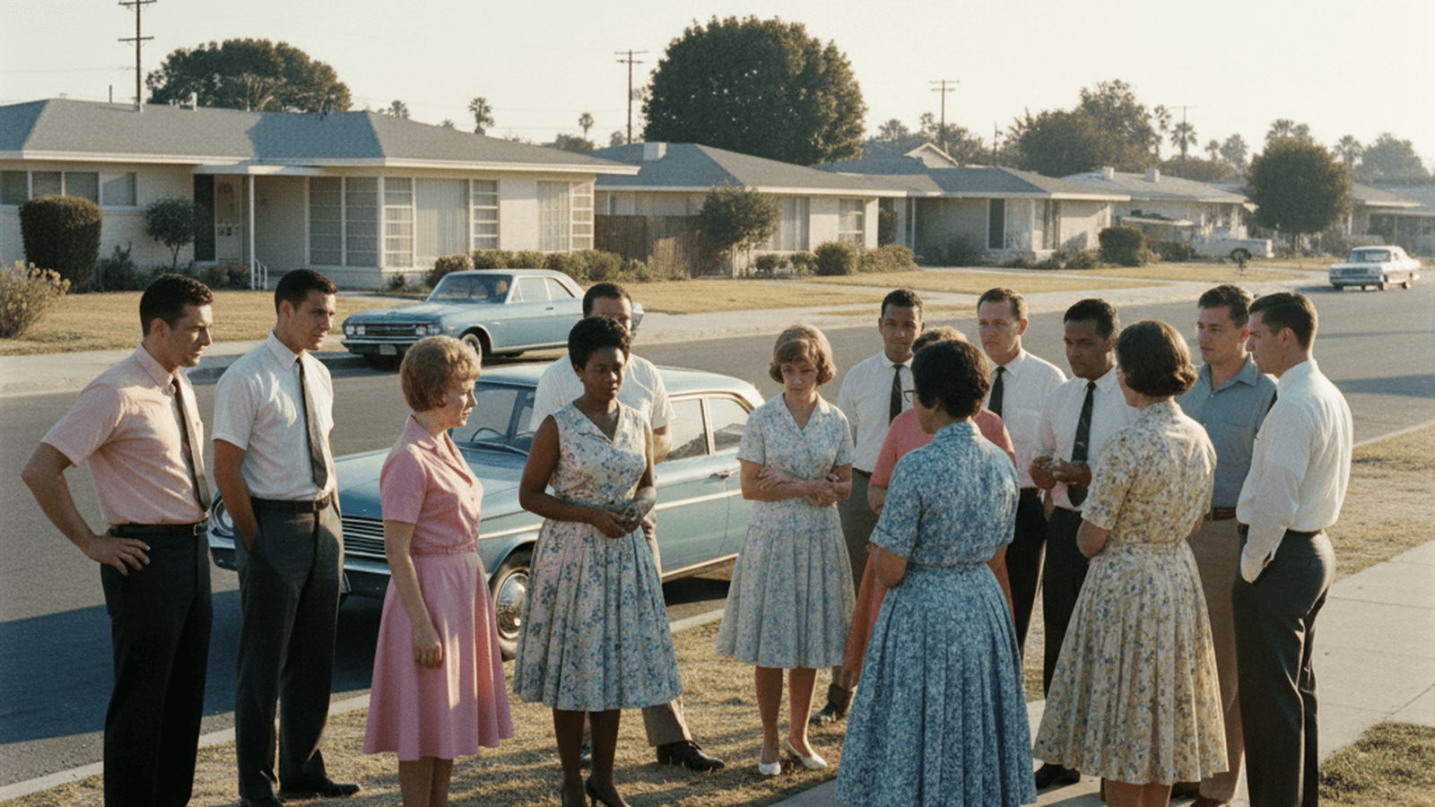 A group of people in 1960s clothing stand on a suburban California sidewalk near mid-century modern homes.