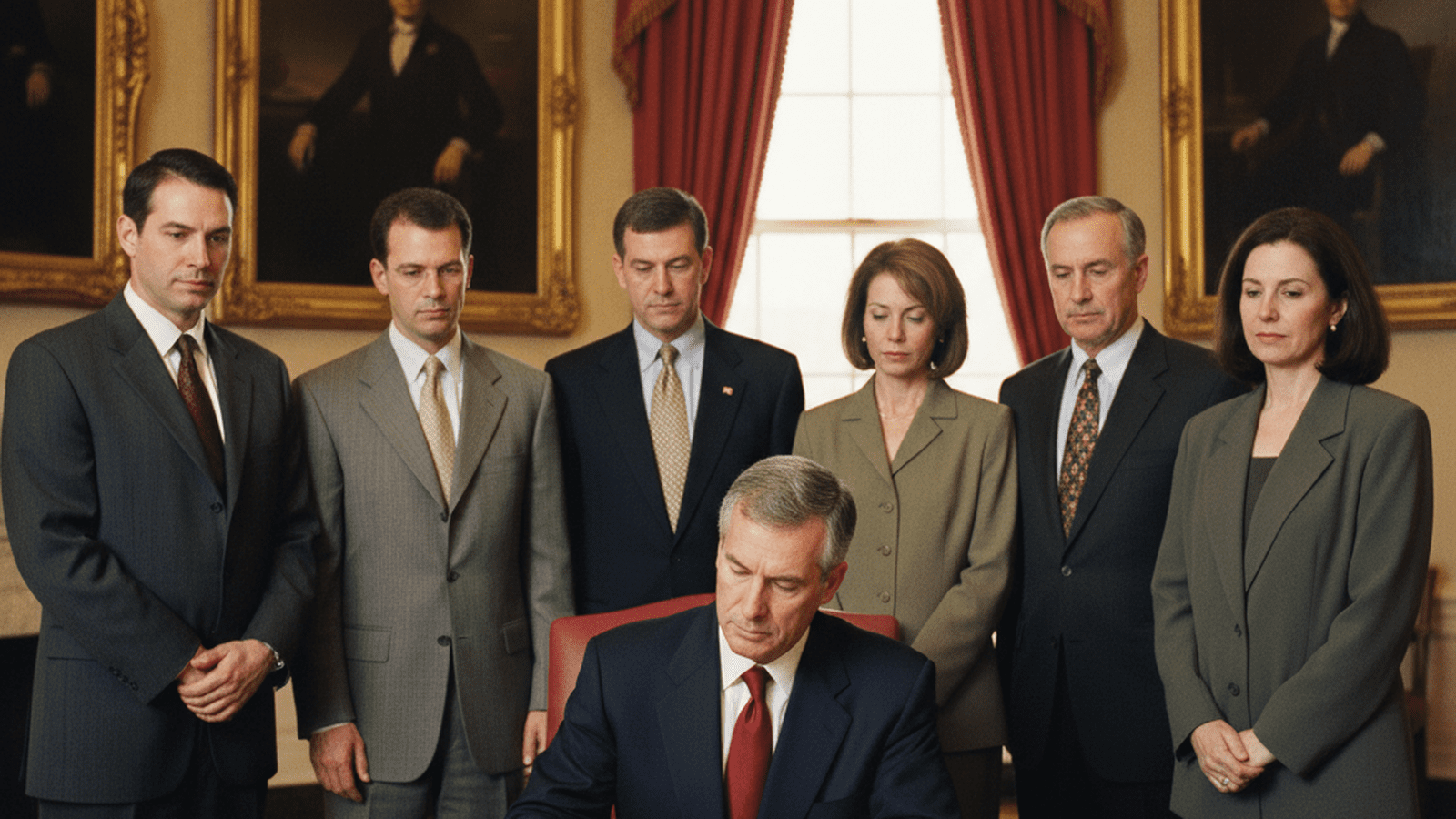 President George W. Bush signs the Homeland Security Act of 2002 in a formal Washington D.C. setting.