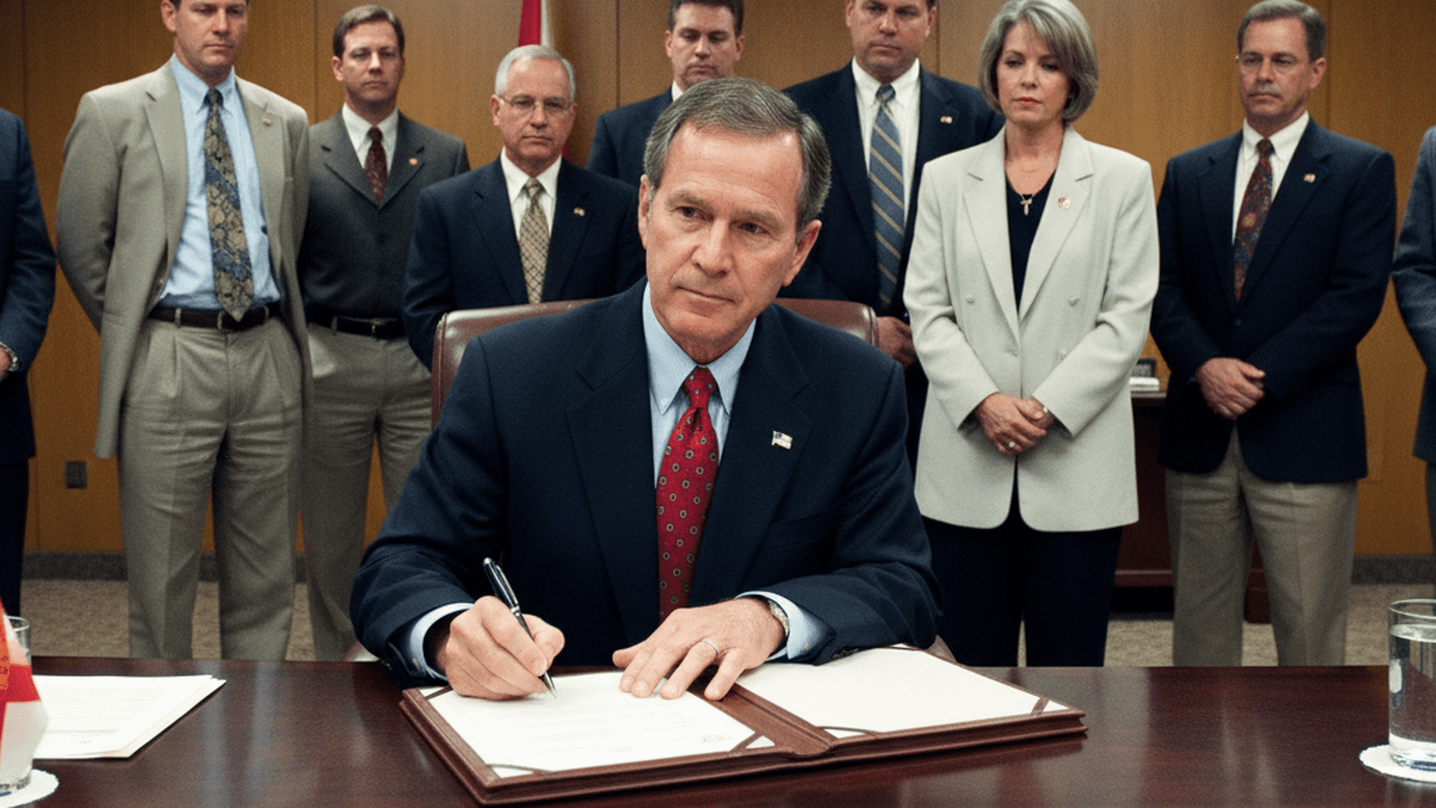 Governor Jeb Bush signs a document in a Florida briefing room in 2003, surrounded by legislators.