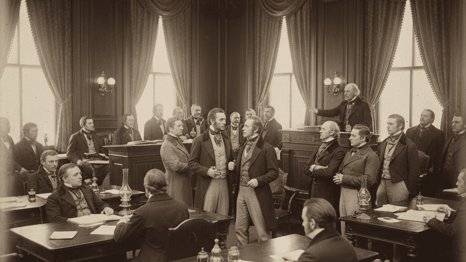 A group of men in 1840s attire debating in a wood-paneled legislative chamber.