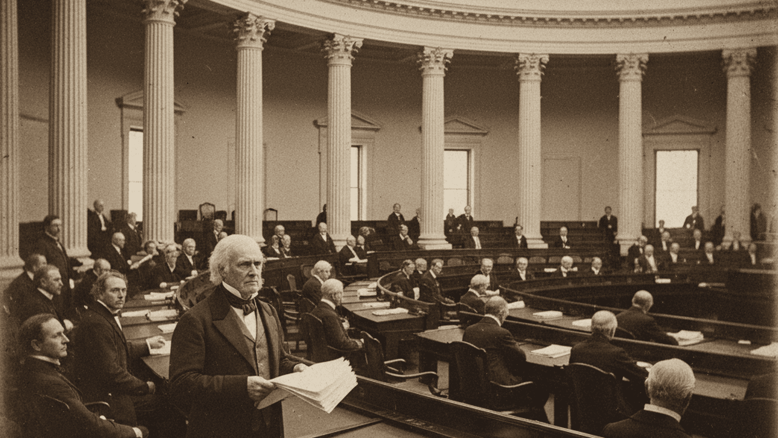 A historical recreation of John Quincy Adams standing in the U.S. House of Representatives chamber during the 1830s.