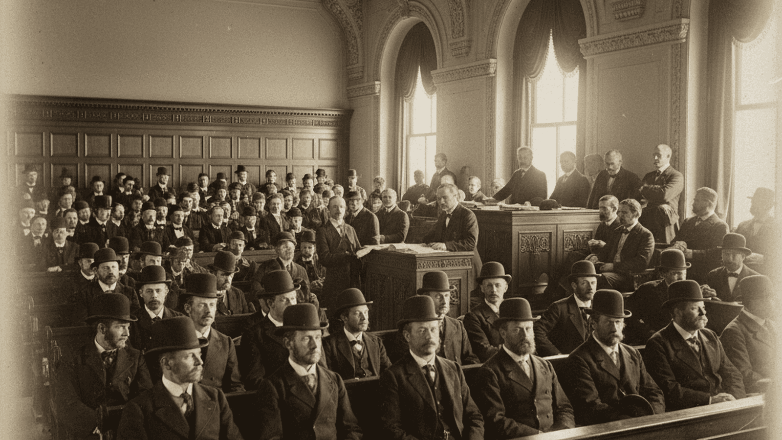 A sepia-toned photograph of a crowded 1894 legislative hearing room with men in Victorian attire.