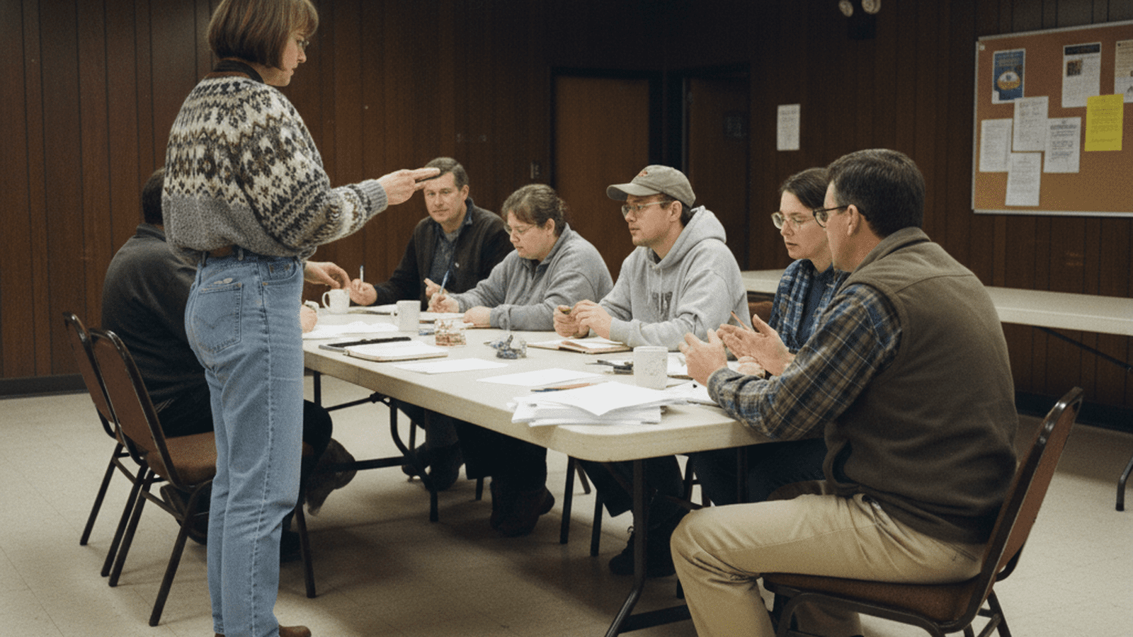 A group of Maine residents in 1996 gather in a wood-paneled community room to discuss campaign finance reform petitions.