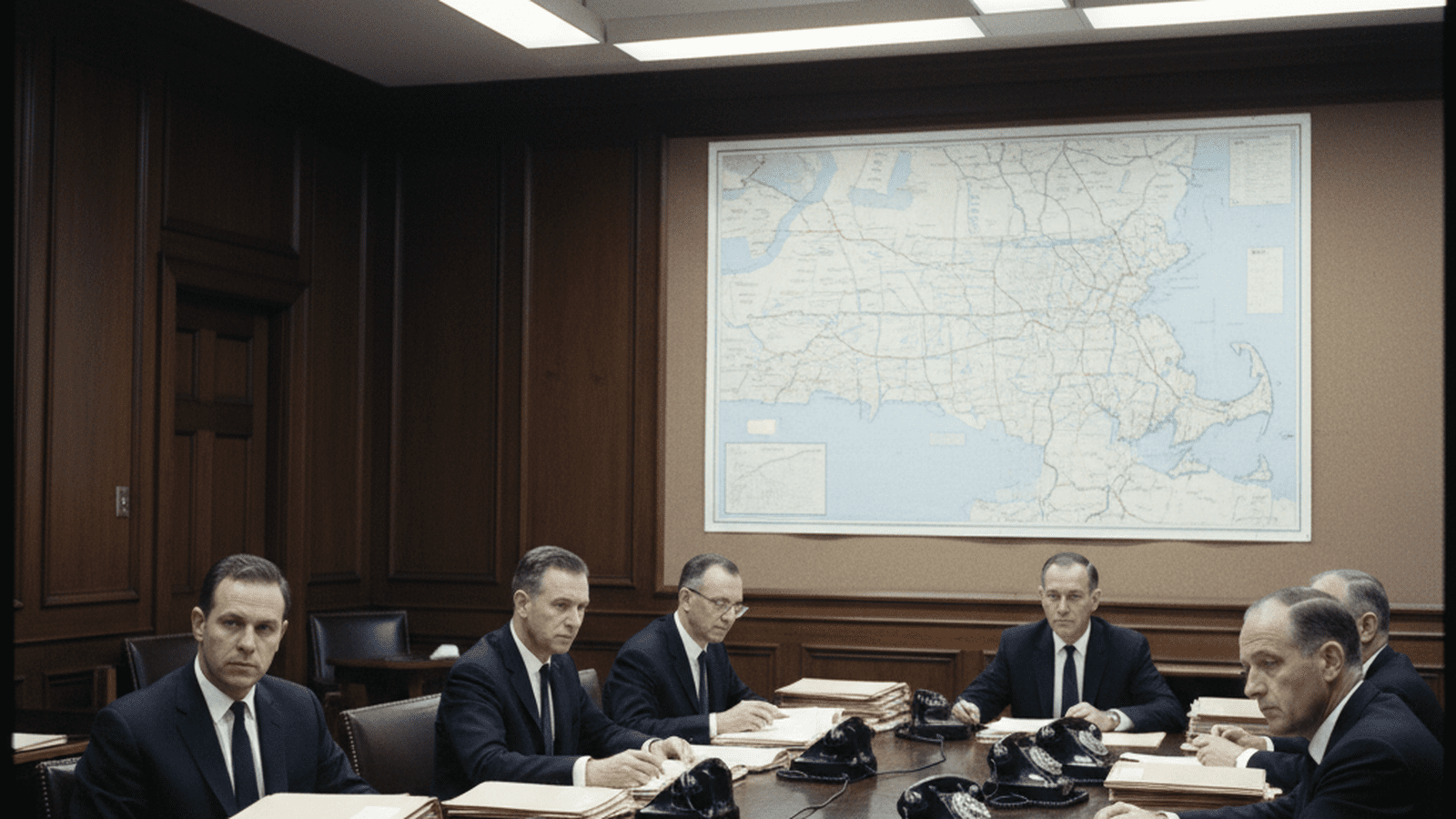 A group of investigators in 1960s suits review documents in a wood-paneled hearing room during the Massachusetts Crime Commission probe.