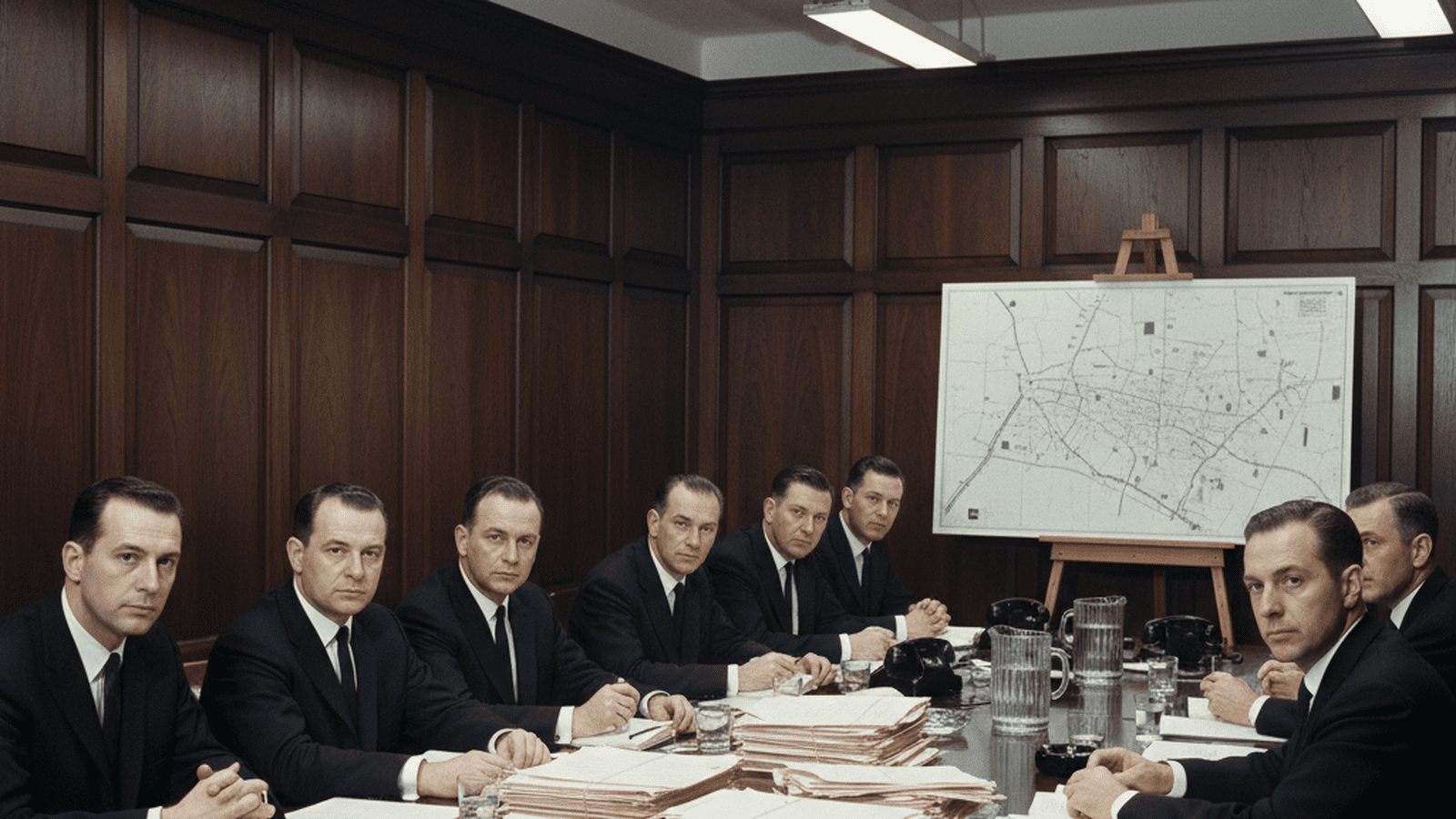 A group of investigators in 1960s attire review documents in a formal hearing room during the Massachusetts highway corruption probe.