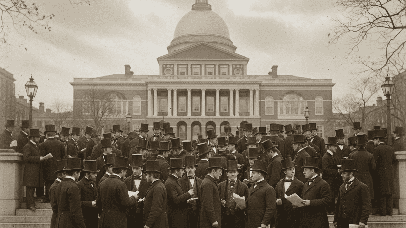 A crowd of men in 1850s attire gathers outside the Massachusetts State House in Boston.