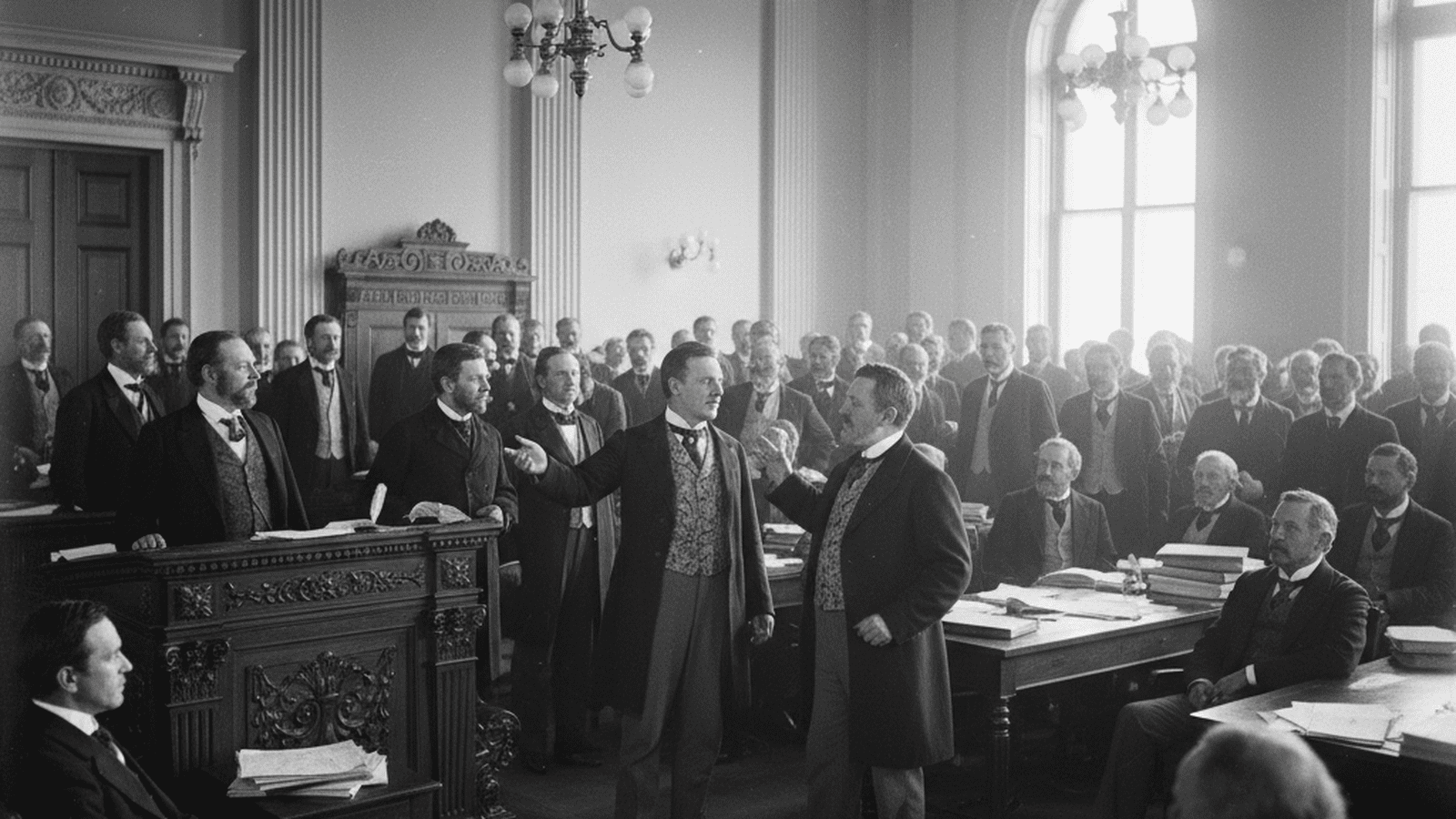 A monochrome photograph of the crowded New Jersey Senate chamber in 1894, showing legislators in Victorian attire during a period of political crisis.