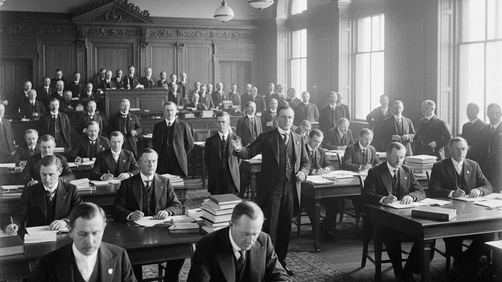 A monochrome photograph of New Jersey legislators in 1911 debating in an ornate wood-paneled chamber.