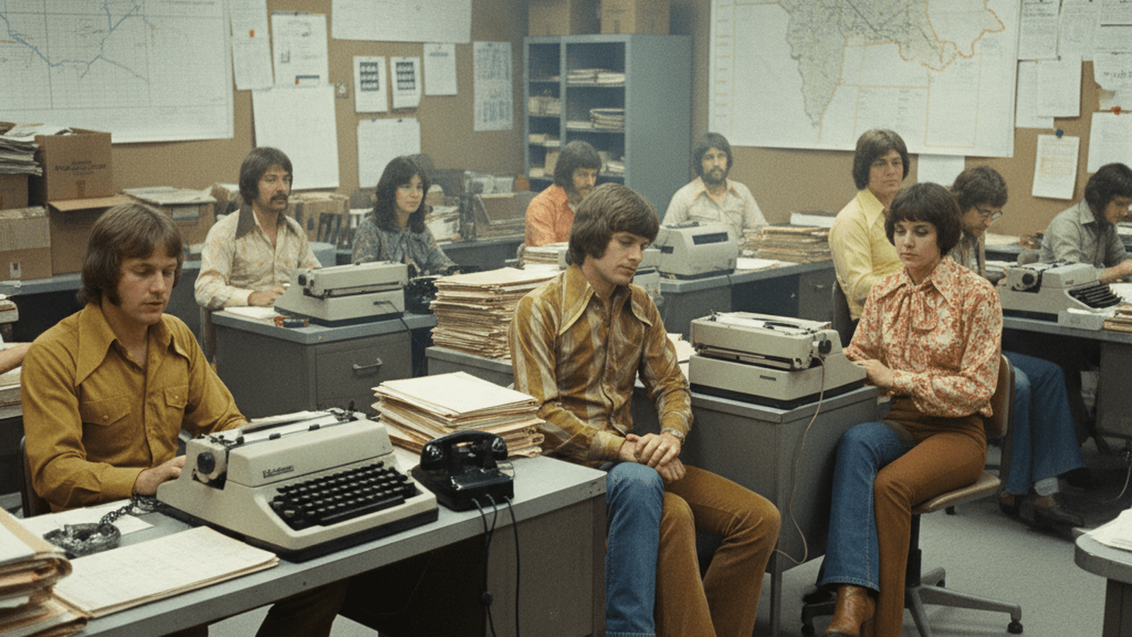 A busy 1970s political campaign office in New Jersey with workers using typewriters and rotary phones.