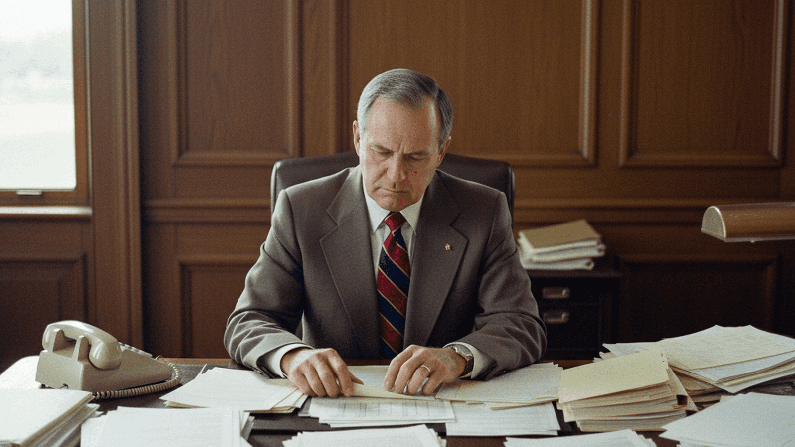 Governor George Sinner works at his desk in the North Dakota State Capitol during the 1987 budget crisis.