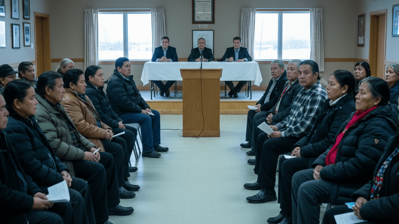 Native American community members attend a public hearing in a North Dakota town hall in 2016.