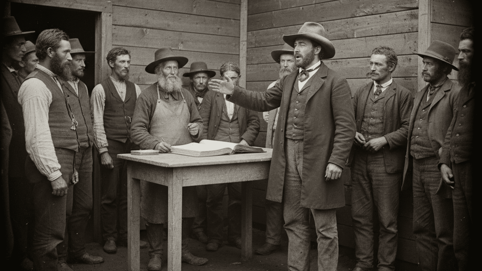 Men in 1850s frontier clothing participate in an oral voting process at a wooden polling station.