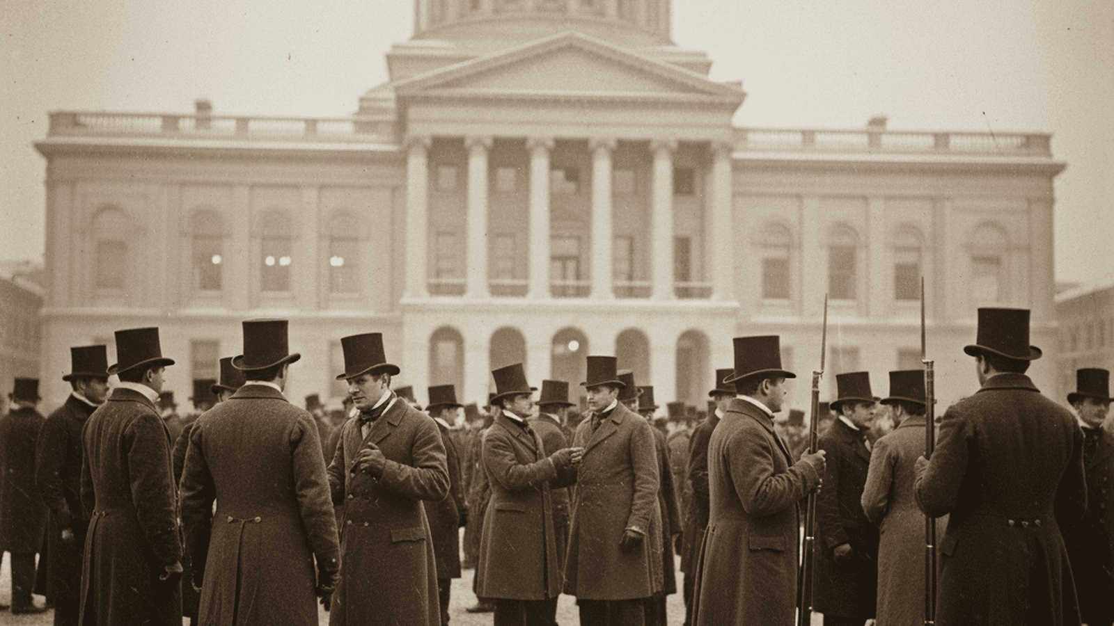 A sepia-toned depiction of the 1838 Pennsylvania State Capitol with men in period clothing and militia members during the Buckshot War.