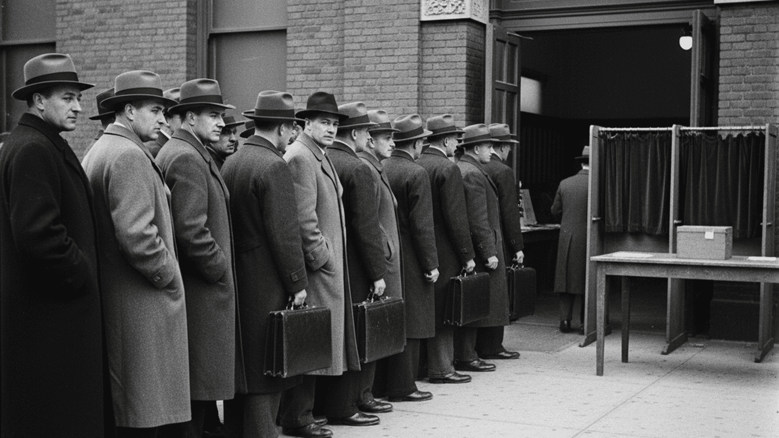 A black-and-white 1930s photograph of voters in fedoras queuing at a Philadelphia polling place.