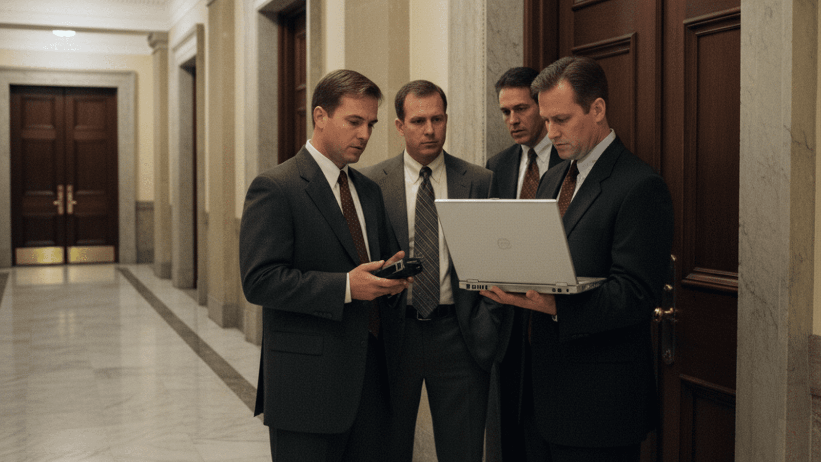Federal agents and officials stand outside a congressional office in the Rayburn House Office Building during the 2006 search.