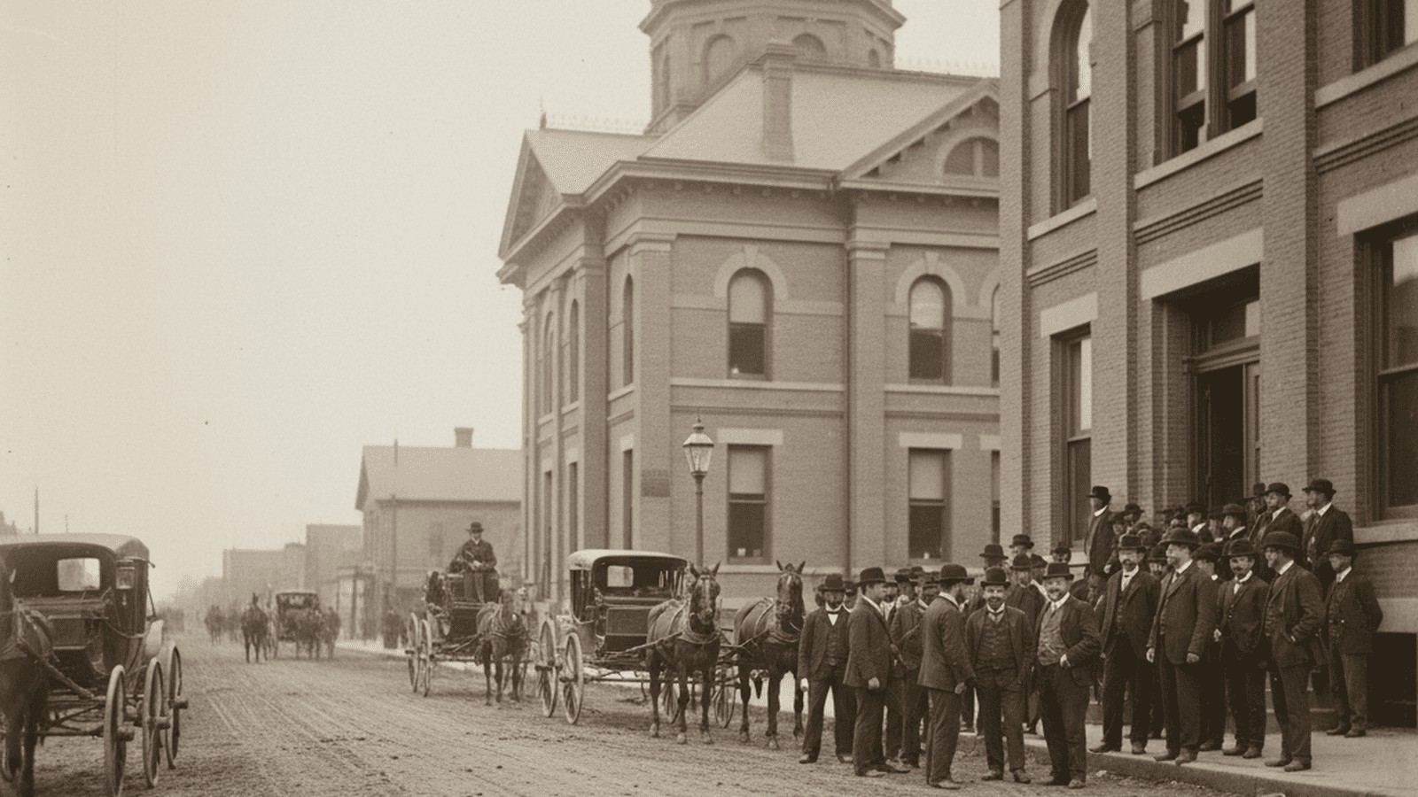 A sepia-toned 1898 photograph of a South Dakota street with men in period attire and horse-drawn carriages near a government building.