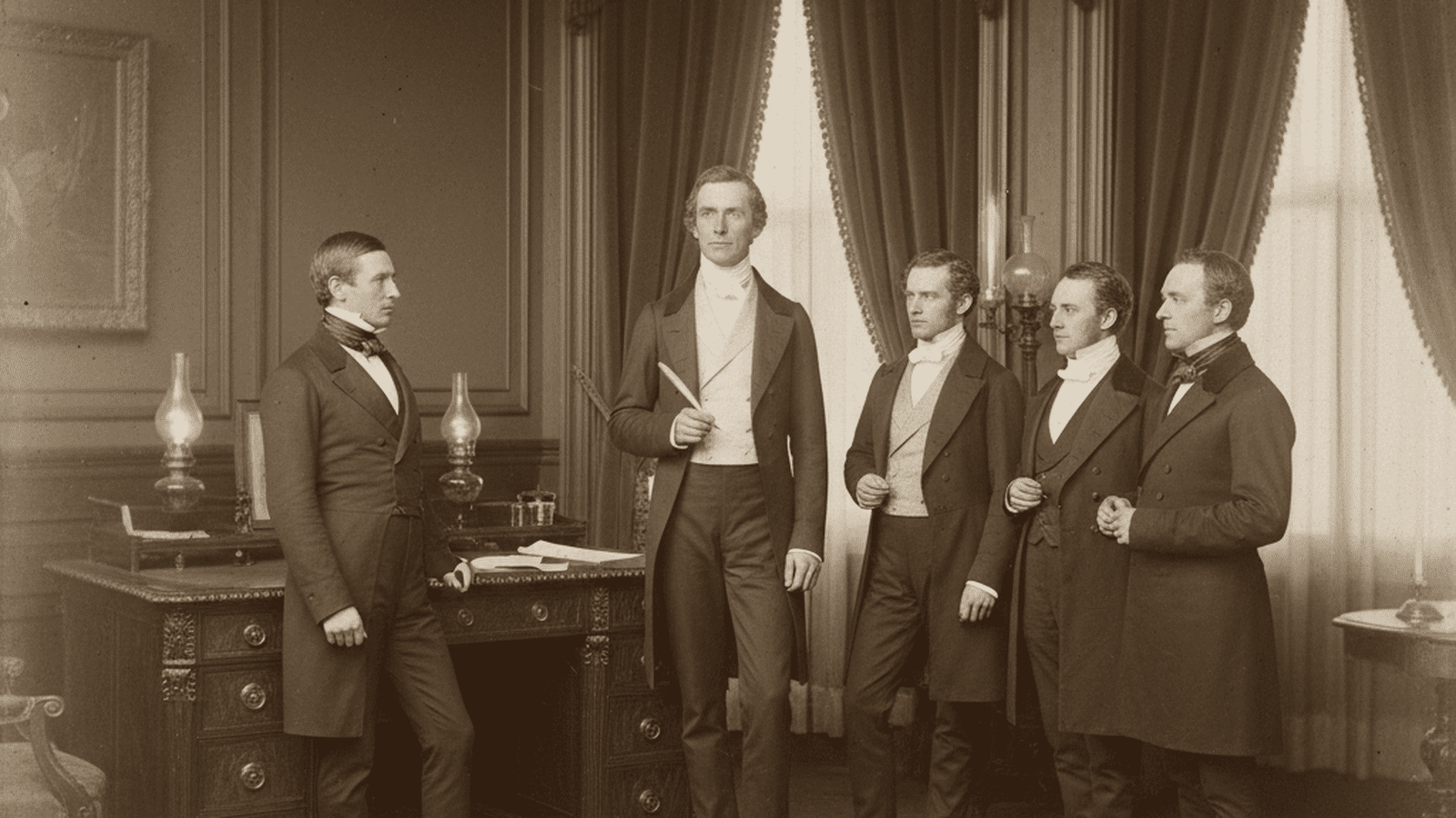 John Tyler stands at a desk in a formal 1841 Washington D.C. setting, asserting his authority as President.