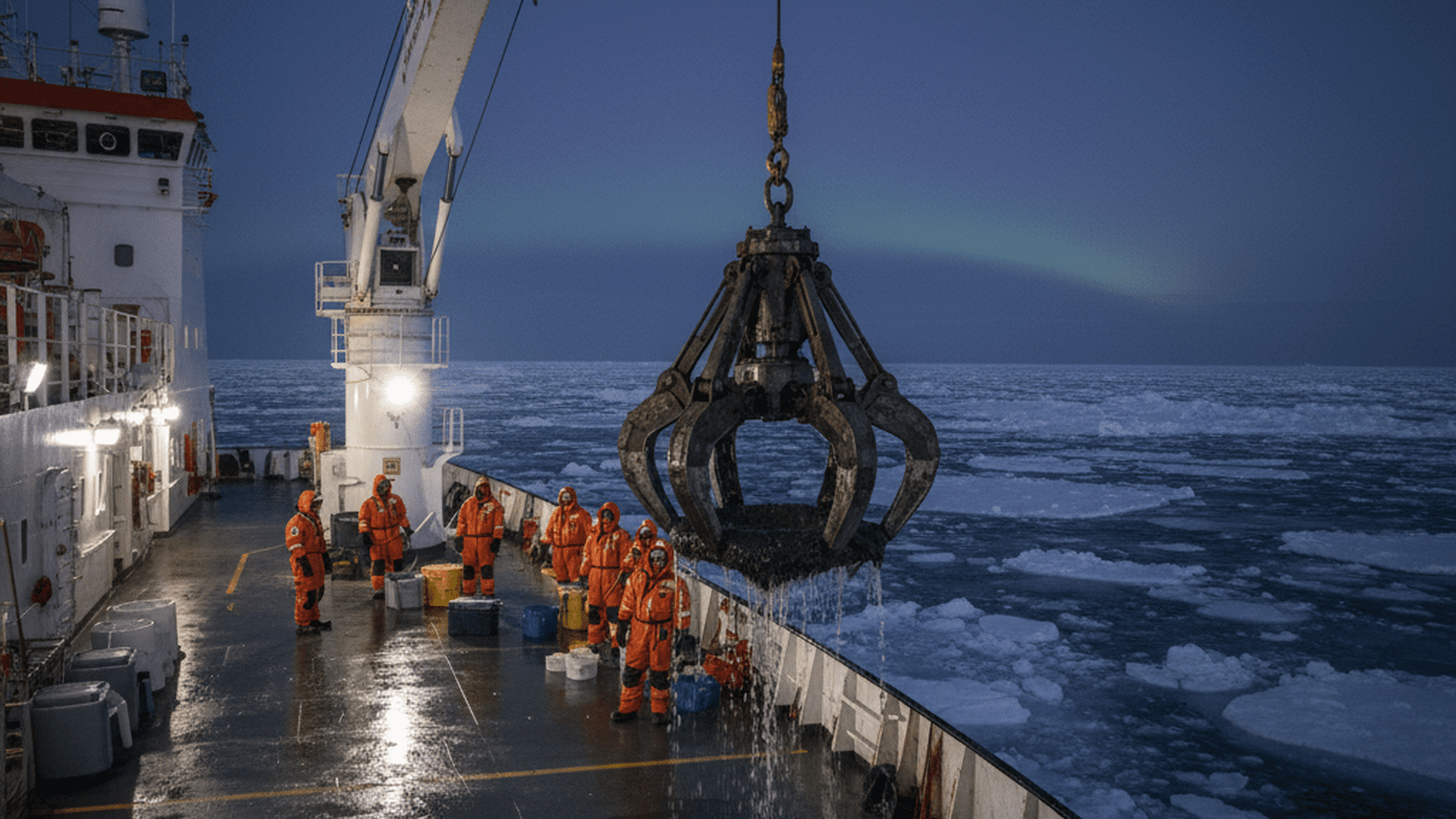 A research vessel hoists a sediment sampler from the Arctic Ocean at night under bright floodlights.