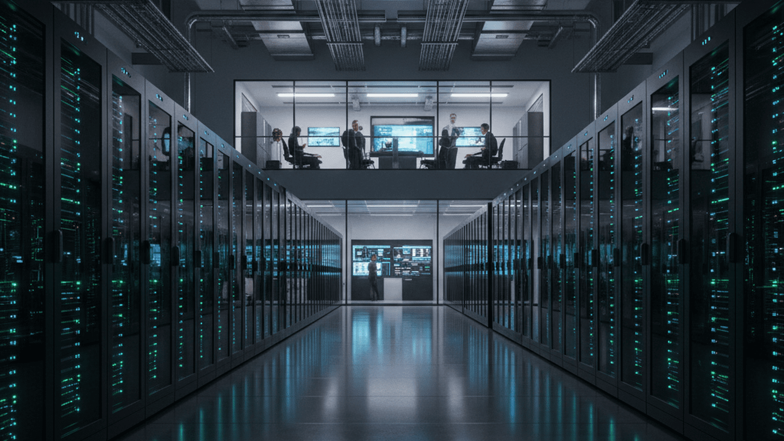 A high-tech server room with rows of illuminated supercomputer racks and a reflective floor.